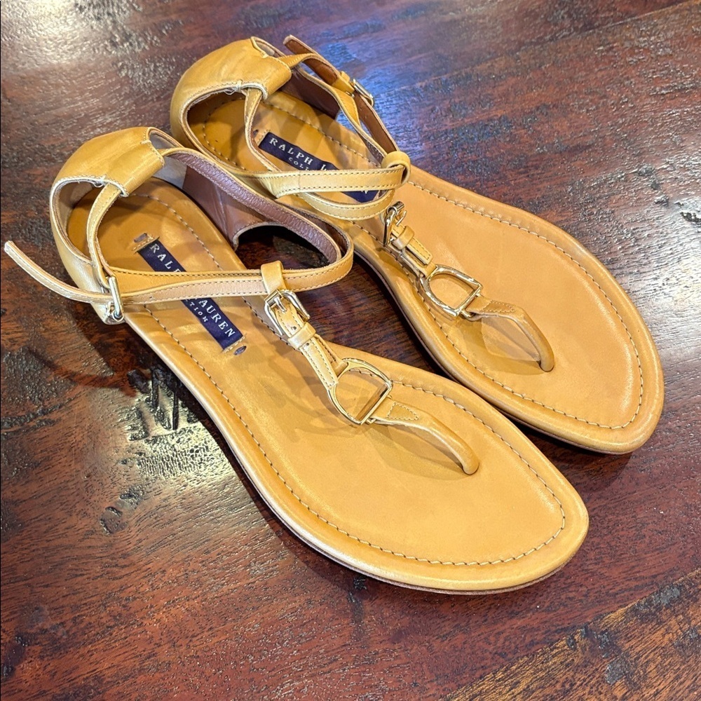 Vintage Ralph Lauren Collection Camel Leather Sandals Gold Hardware 6.5 *As-Is*